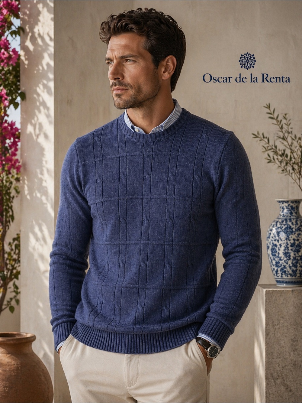 Oscar De La Renta Sweater Blue Cotton Blend Cable Knit Long Sleeve Mens Size S